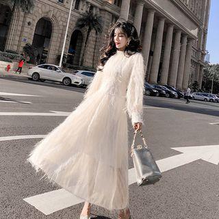 Long-sleeve Fringed Maxi A-line Dress