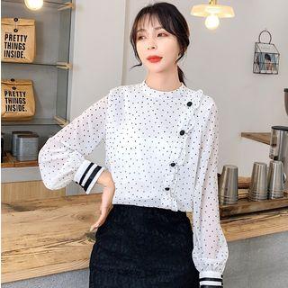 Dotted Ruffle Trim Long-sleeve Blouse