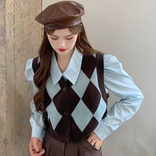 Argyle Button-up Cropped Vest / Puff-sleeve Crop Shirt