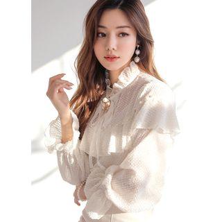 Tie-neck Beaded Ruffle-trim Blouse