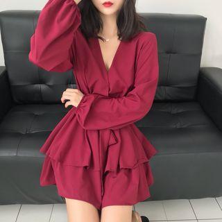 V-neck Tie Waist Long-sleeve A-line Dress