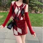 One-shoulder Argyle Button-up Knit Top / Arm Sleeve / Mini Pencil Skirt / Set