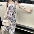 Tie-shoulder Floral Print Midi A-line Dress Floral - Gray & White - One Size