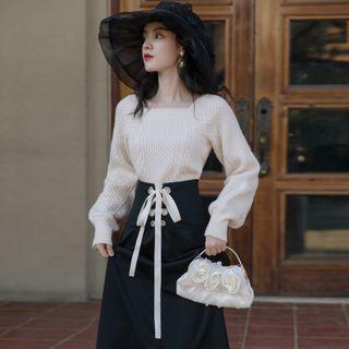 Set: Cable Knit Sweater + Lace-up Midi A-line Skirt