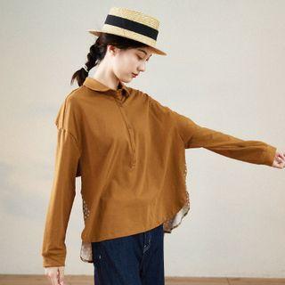Long-sleeve Dotted Panel Polo Shirt Caramel - One Size