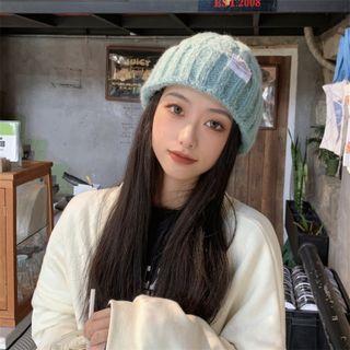Lettering Applique Cable Knit Beanie