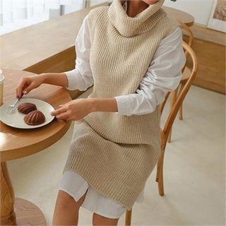 Turtle-neck Long Rib-knit Vest