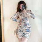 Long-sleeve Floral Shirred Mini Bodycon Dress