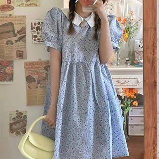 Short-sleeve Flower Print Collared A-line Dress Blue - One Size