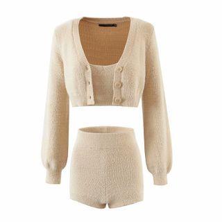 Knit Crop Tank Top / Cardigan / High-waist Hot Pants