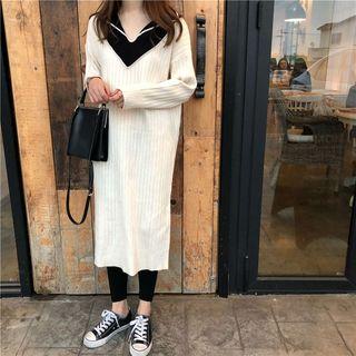 Color Panel Collared Long Sleeve Knit Midi Dress