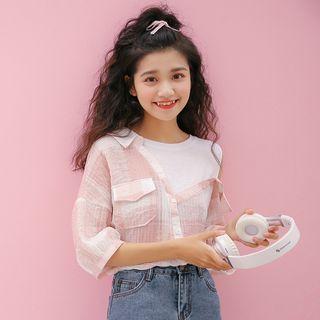 Cut Out Shoulder Elbow Sleeve Plaid Shirt