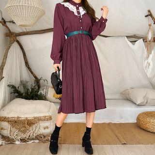 Lace-panel Check Midi Dress With Contrast-belt Pink - One Size