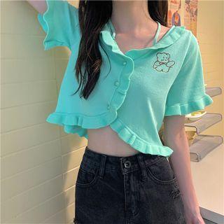 Short-sleeve Bear Embroidered Knit Crop Top