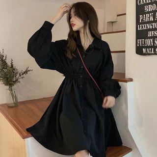 Long-sleeve Plain Single-breasted Shirt Dress