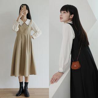 Long-sleeve Chelsea Collar Blouse / Midi Overall A-line Dress
