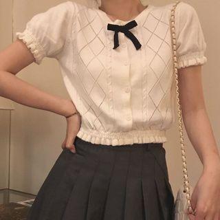 Short-sleeve Frill Trim Knit Top As Shown In Figure - One Size