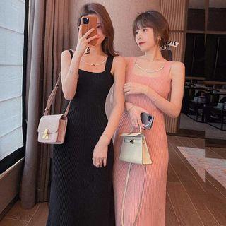 Sleeveless Ribbed Knit Midi A-line Dress / Camisole Top