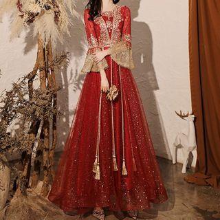Bell-sleeve Floral Embroidered Sequined Midi A-line Evening Gown
