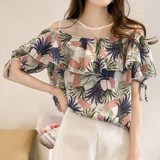 Mesh Yoke Leaf Print Cold-shoulder Blouse