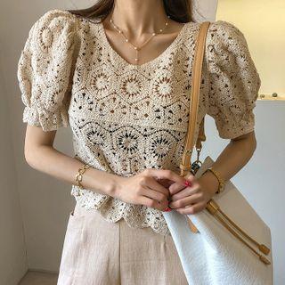 Puff-sleeve Crochet Knit Top Beige - One Size
