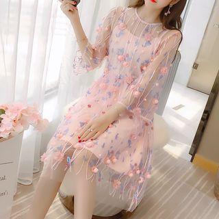 Set: Flower Applique Mesh 3/4-sleeve A-line Dress + Strappy Dress