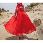 Ruffle-sleeve V-neck Dress / Patterned Scarf / Set