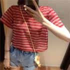 Glittered Striped Short-sleeve Top Red - One Size