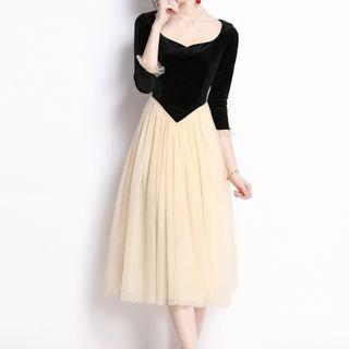 3/4-sleeve Velvet Panel Mesh Midi A-line Dress