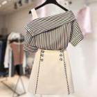 Set: Striped Short-sleeve Cut-out Blouse + Mini A-line Skirt