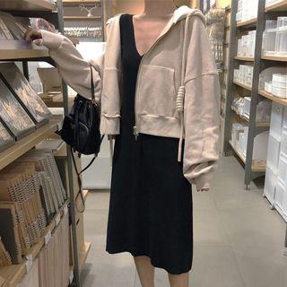 Zip-up Hoodie / Sleeveless Midi A-line Knit Dress