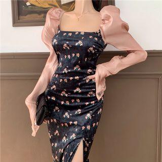 Long-sleeve Floral Print Velvet Slit Midi Sheath Dress