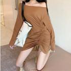 Off-shoulder Drawstring Long-sleeve Bodycon Dress