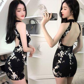 Halter-neck Floral Print Mini Bodycon Dress