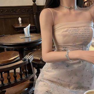 Spaghetti Strap Letter Embroidered Sequin Mini A-line Dress