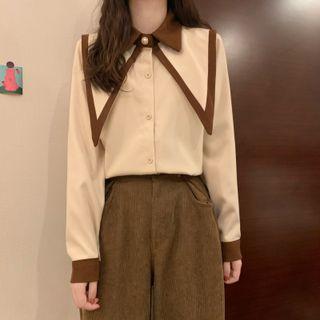 Lapel Contrast Trim Long-sleeve Shirt