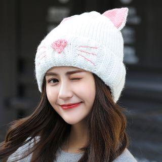 Cat Knit Beanie Fleece Lining - White - One Size
