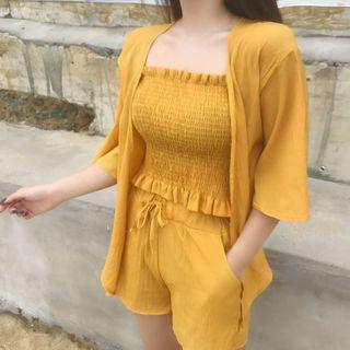 Set: Open Front Elbow-sleeve Light Jacket + Tube Top + Drawstring Shorts