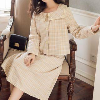 Set: Single-breasted Plaid Jacket + A-line Midi Skirt