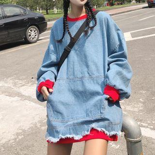 Mock Two-piece Denim Pullover As Shown In Figure - One Size