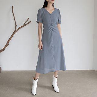 V-neck Shirred Long Flare Dress