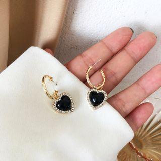Rhinestone Heart Drop Earring 1 Pair - Gold & Black & White - One Size
