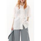 Elbow-sleeve Textured Sheer Shirt Ivory - One Size