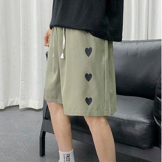 Heart Print Drawstring Waist Shorts