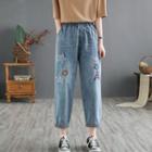 Lettering Embroidered Cropped Straight Leg Jeans