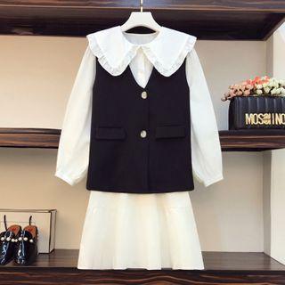 Set: Ruffle Trim A-line Shirtdress + Button Vest