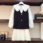 Set: Ruffle Trim A-line Shirtdress + Button Vest