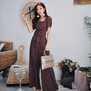 Set: Square-neck Floral Cropped Blouse + Wide-leg Pants