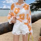 Long-sleeve Flower Print T-shirt White - One Size