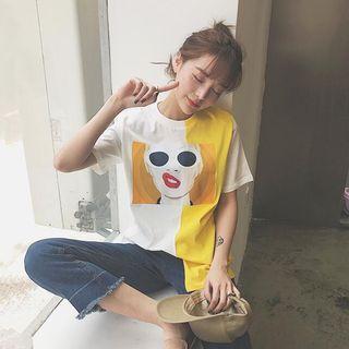 Print Color-block Short-sleeve Loose-fit T-shirt